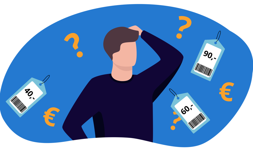 Ilustração de uma pessoa com dúvidas em relação ao preço dos produtos